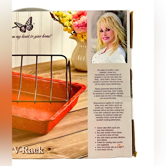 NEW Dolly Parton Red Roasting Pan with V-Rack Non-Stick Steel 13 in. X 9 in. NIB - Picture 4 of 4